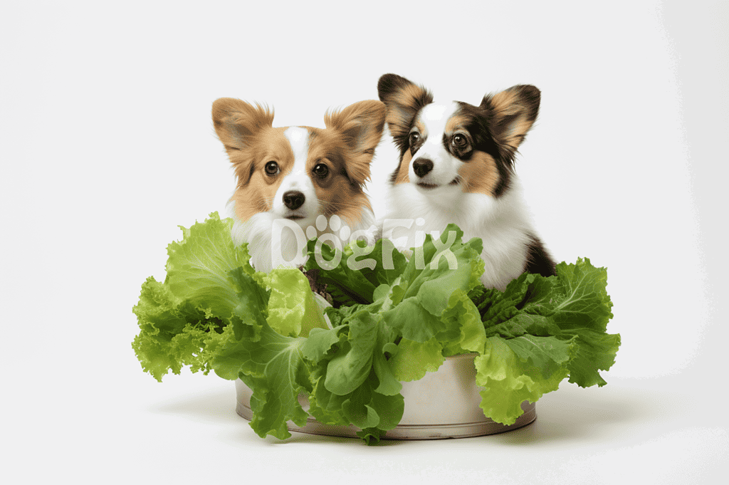 Adorable dogs with fresh leafy greens for healthy dog nutrition and wellness.