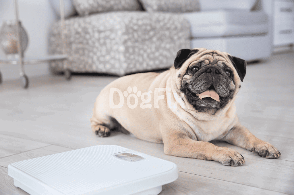 Adorable pug lying comfortably indoors on a wooden floor beside a digital pet scale.
