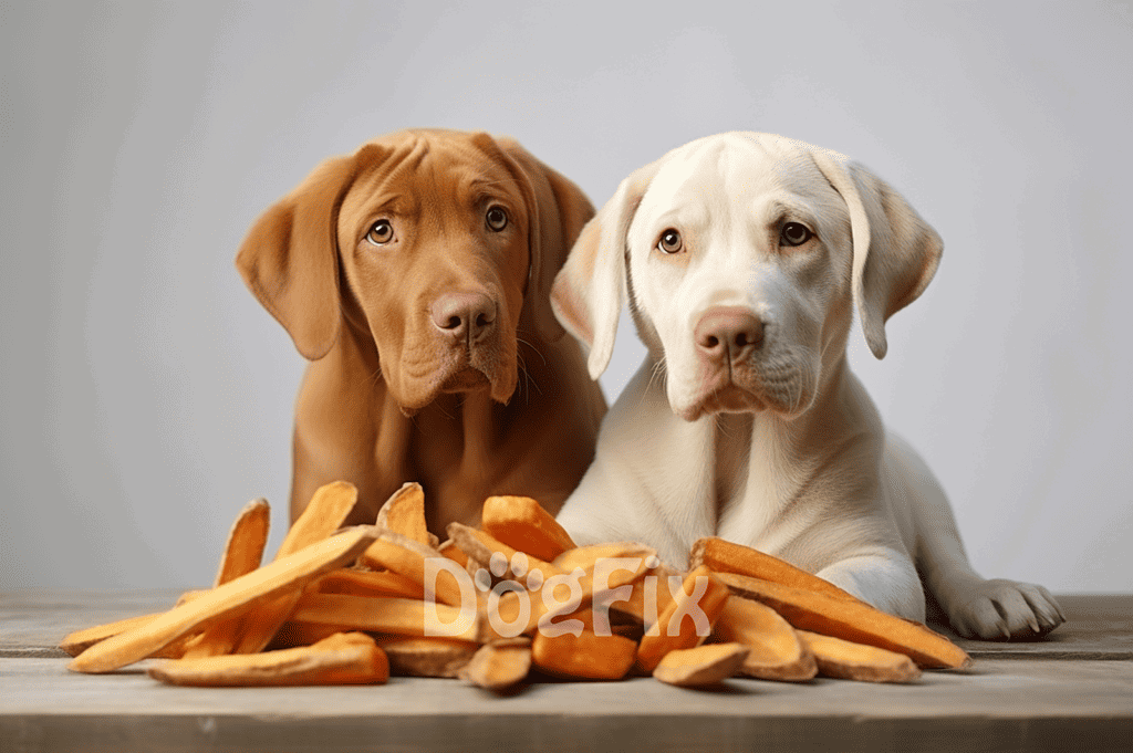 Two Labrador puppies eating sweet potatoes, highlighting healthy dog food options.