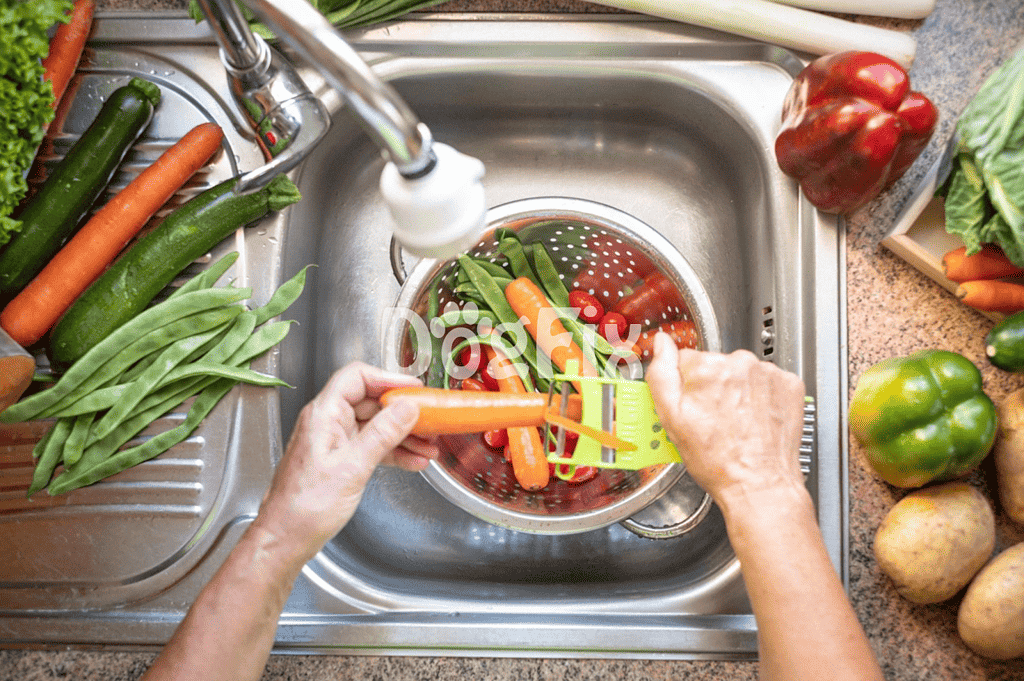 Handwashing carrots and vegetables in kitchen sink for healthy homemade dog food.