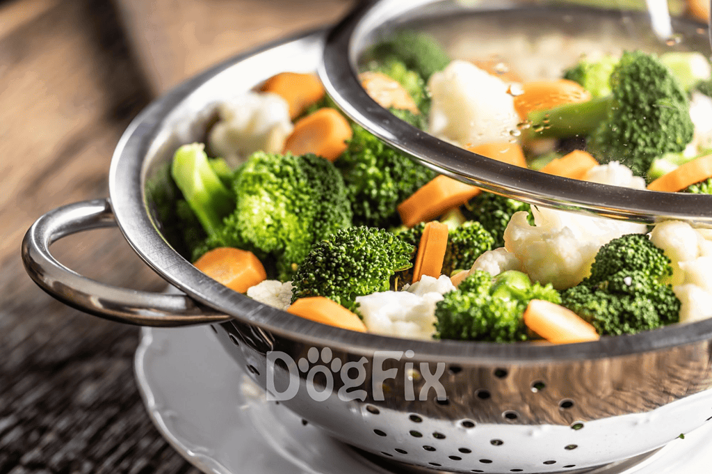 Healthy steamed vegetables including broccoli, cauliflower, and carrots for dogs.