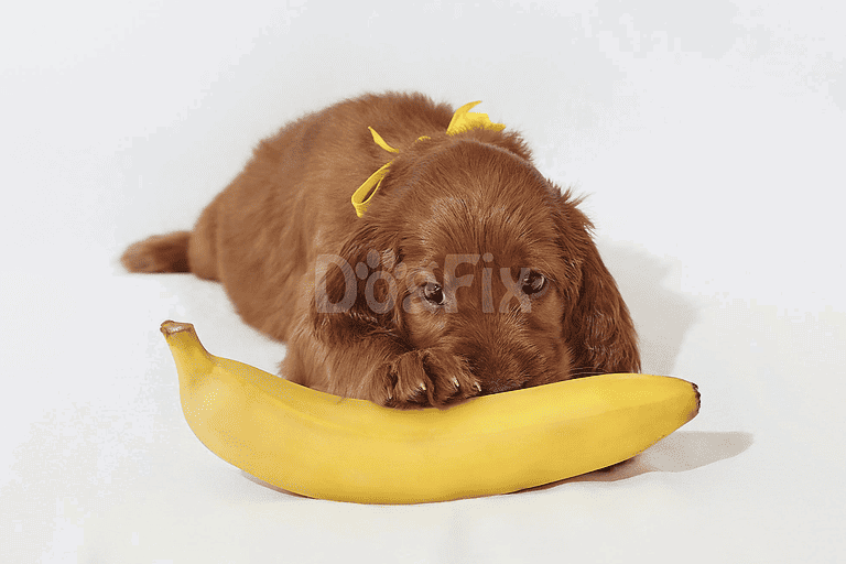 Adorable puppy with yellow ribbon playing with banana, perfect for pet and dog care content.