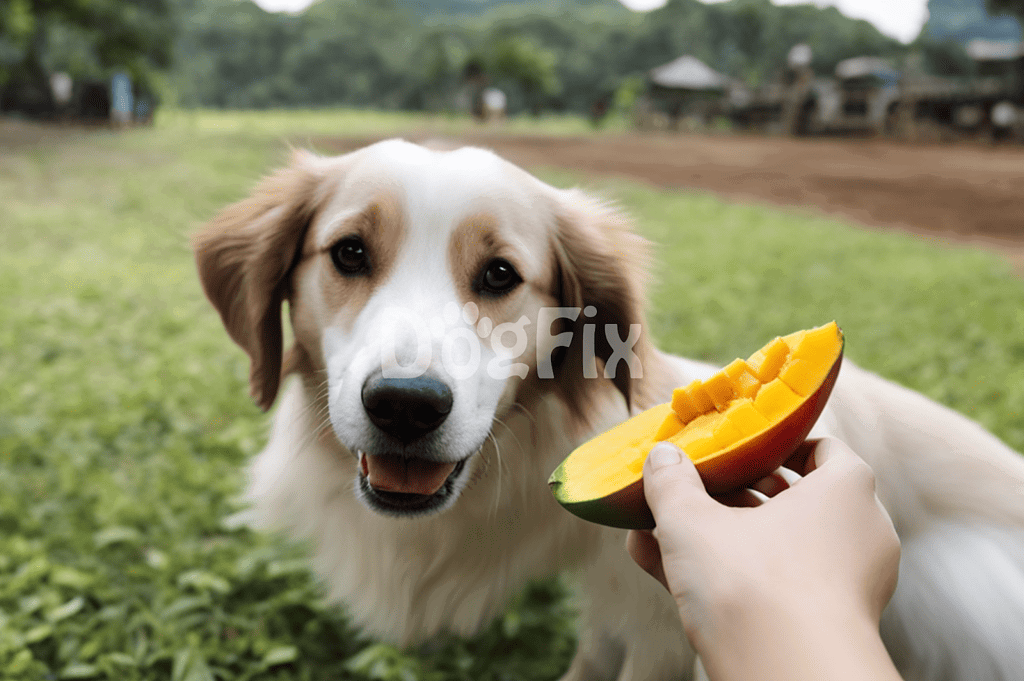 Dog enjoying mango treat outdoors.