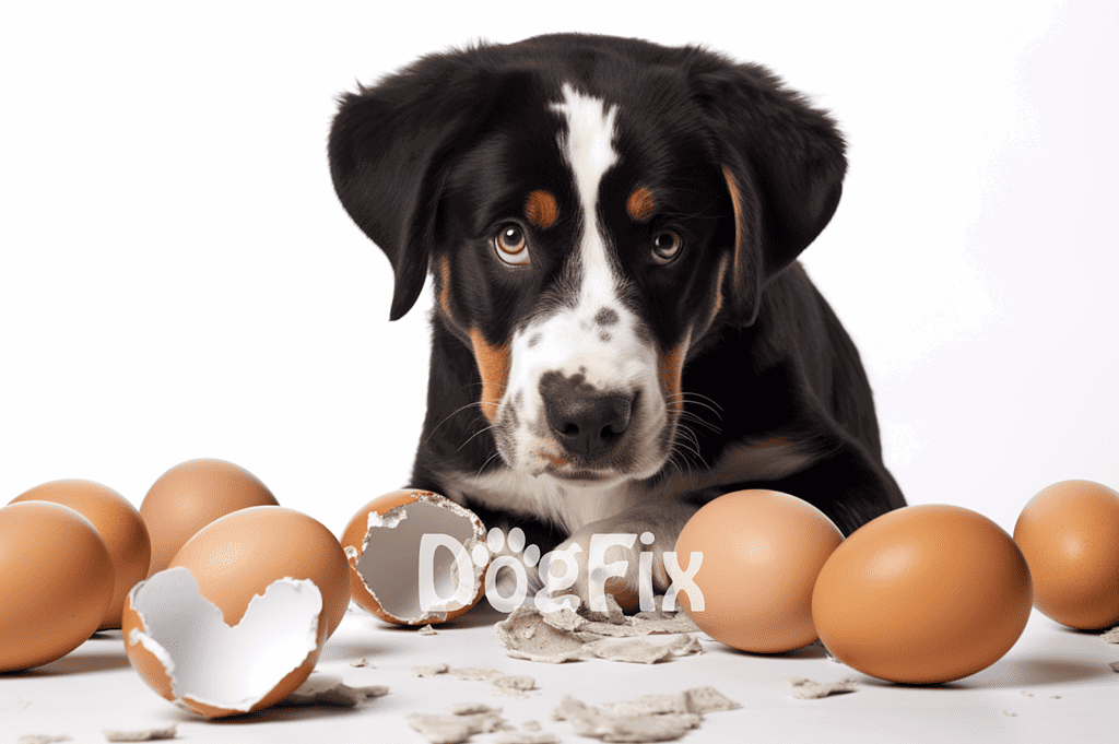 Adorable puppy with eggs, highlighting pet nutrition and wellness.