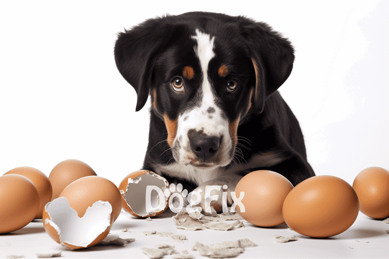 Adorable puppy with eggs, highlighting pet nutrition and wellness.