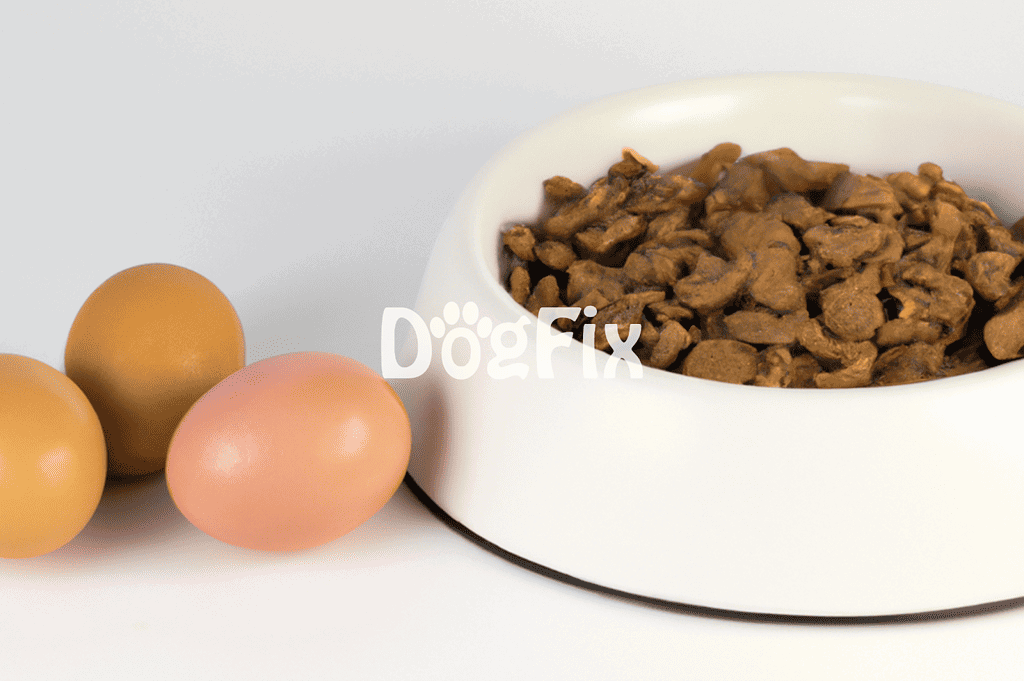 High-quality dog food in a white bowl with eggs for a healthy pet diet.
