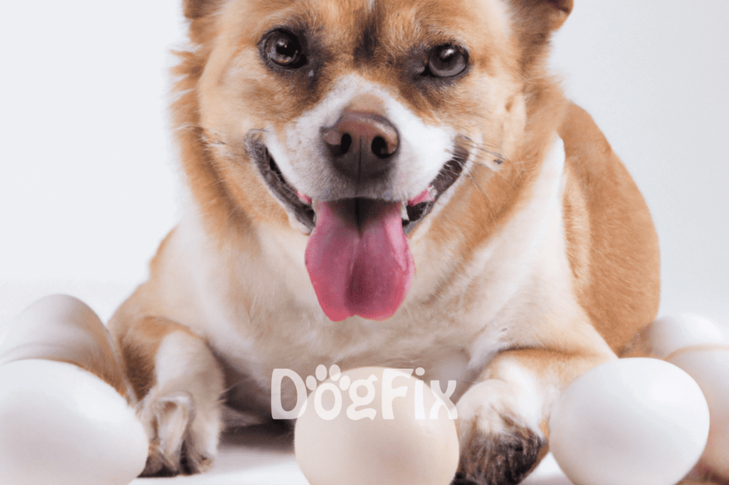 Adorable dog with white eggs, happy and playful, promoting dog care and pet health services.
