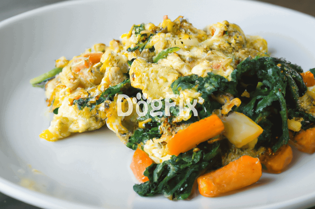 Image of a nutritious dog food omelet made with eggs, chicken, spinach, carrots, and potatoes, promoting healthy eating for dogs.