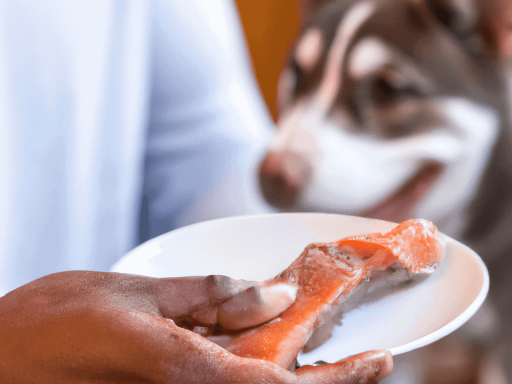 Dog treat being offered with fresh salmon piece, appealing for dog nutrition and happiness.