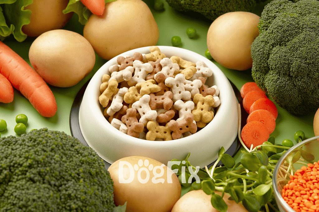 Dog Treats in a bowl surrounded by carrots, broccoli, and potatoes for healthy dog snacks.