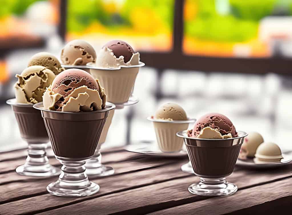Delicious scoops of ice cream in elegant glass cups, perfect for your dog's treat time.