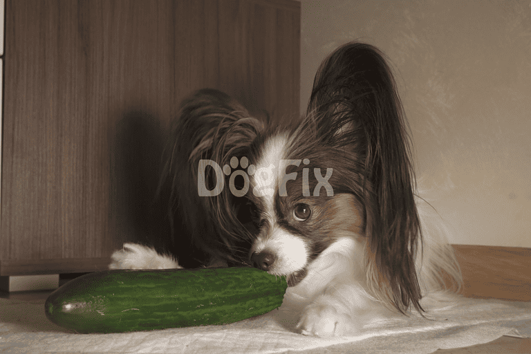 Cute dog playing with fresh cucumber at home.