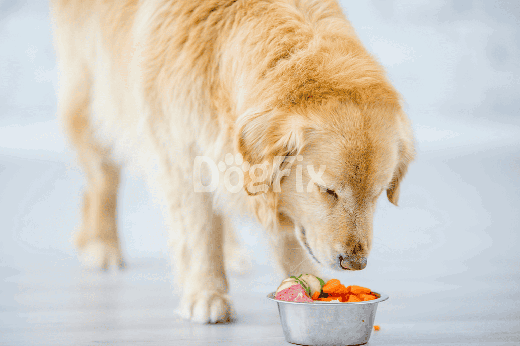 Adorable golden retriever eating healthy dog food with vegetables from a bowl.