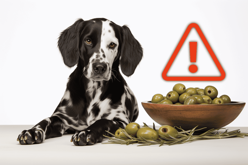 Old bowl of green olives with a warning sign icon.