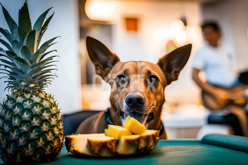 Adorable dog chewing pineapple next to a fresh pineapple, enjoying healthy snacks at home.