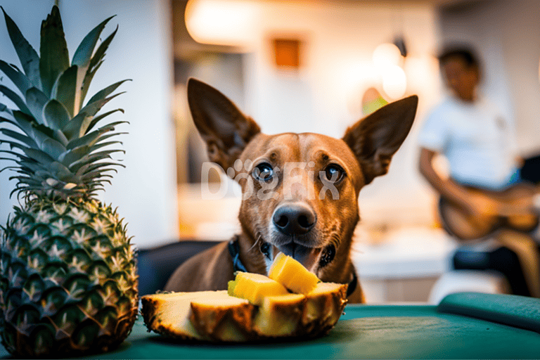 Adorable dog chewing pineapple next to a fresh pineapple, enjoying healthy snacks at home.