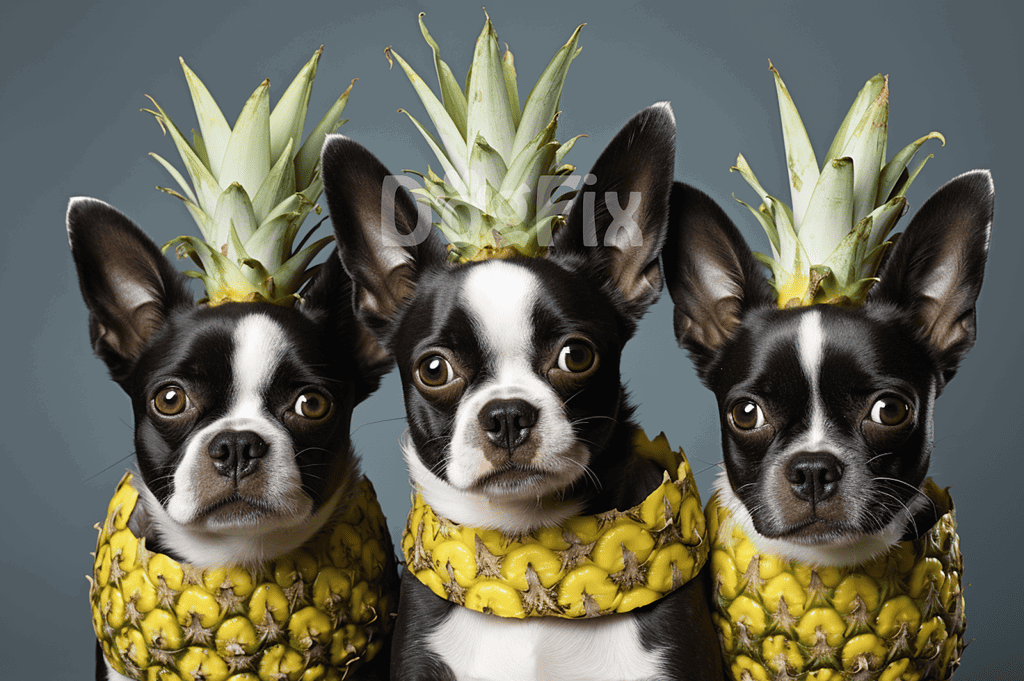 Adorable dogs wearing pineapple accessories, perfect for pet fashion and fun images.