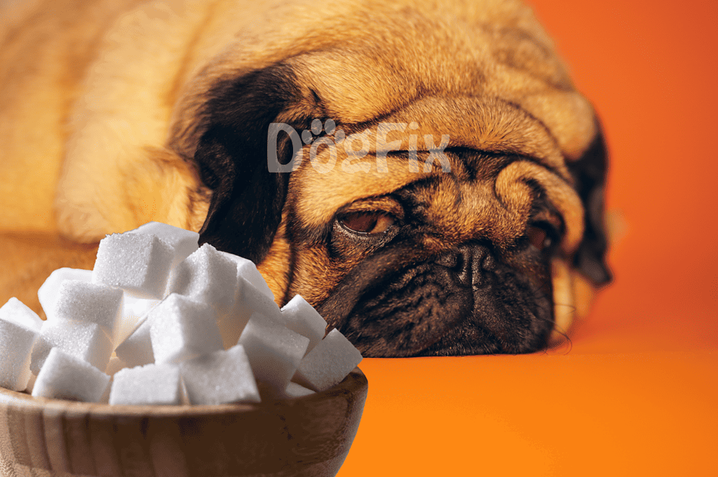Cute sleeping dog with sugar cubes, cozy and adorable pet resting peacefully.