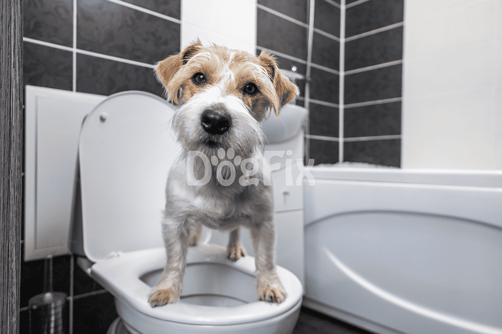 Cute dog standing on toilet seat, indoor pet grooming and hygiene, small breed dog in bathroom setting, cleaning and health care for dogs.