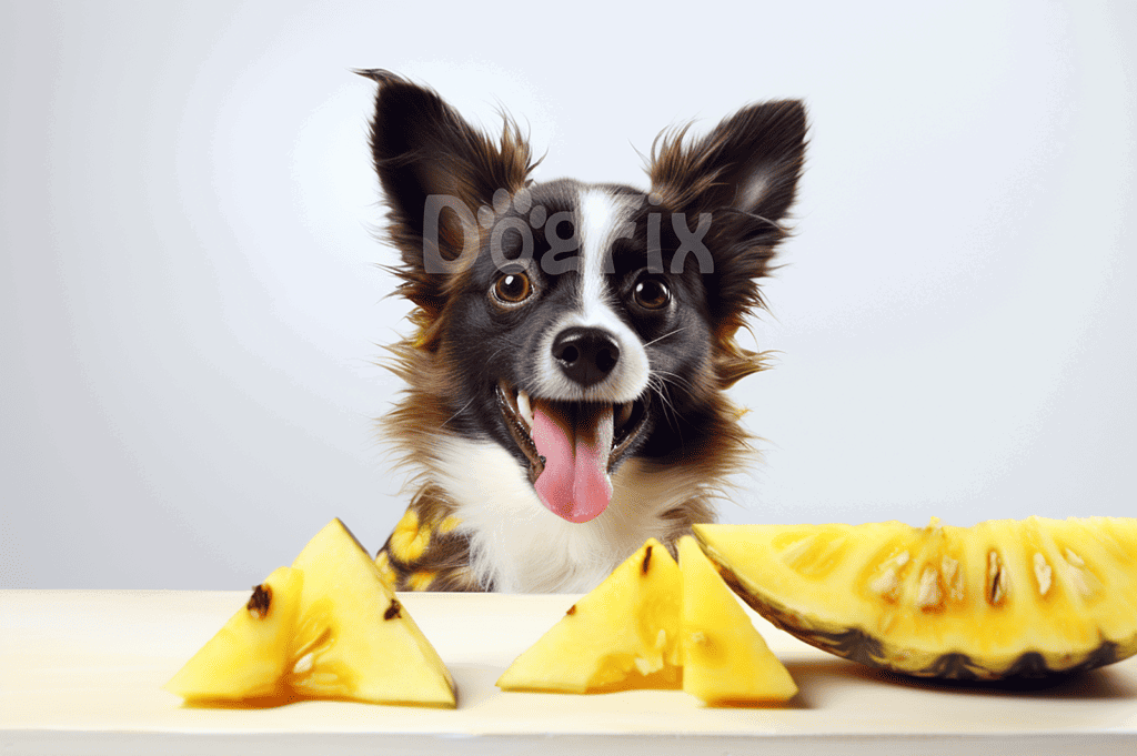 Adorable Australian Shepherd dog with cheerful expression and pineapple slices on white surface.