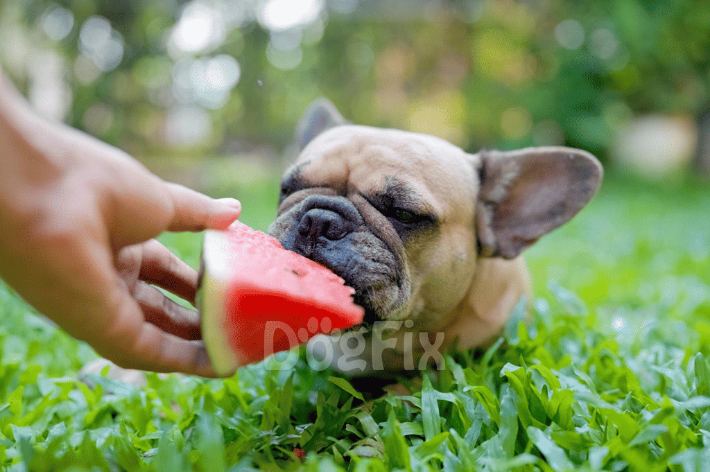 Close-up of French Bulldog puppy happily eating a slice of watermelon in a sunny garden setting.