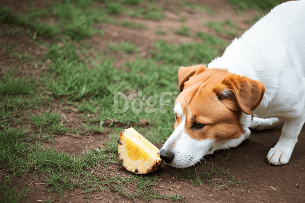 Dog playing with pineapple on grass field, outdoor pet activity, canine fun, healthy dog treats, dog lifestyle.