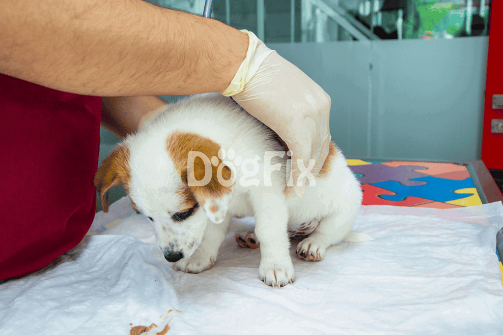 Dog puppy being examined by a veterinarian for health and wellness checkup.