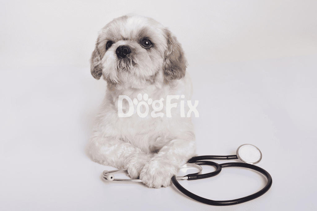 Dog lying with stethoscope on white background.