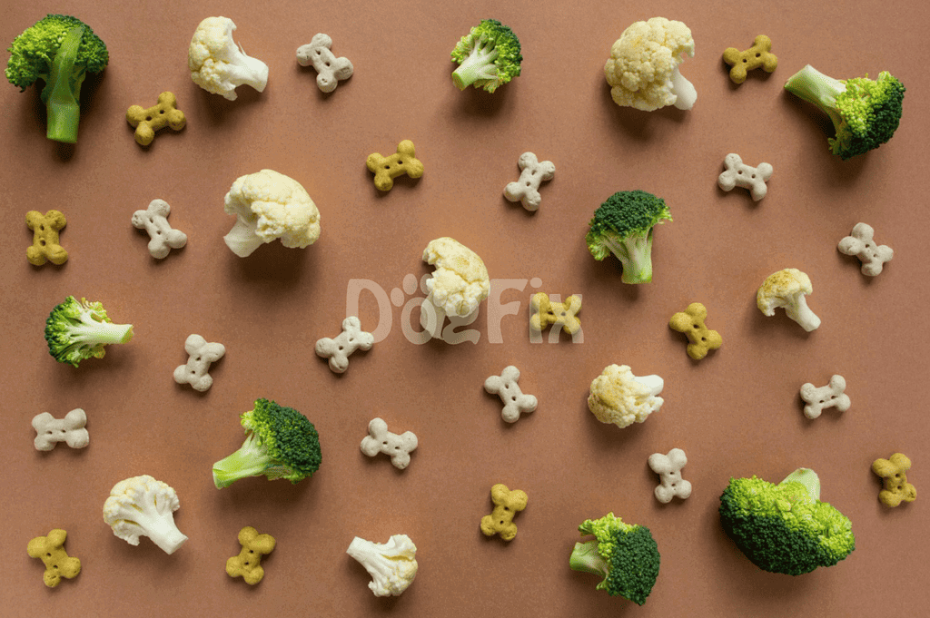 Healthy dog treats with broccoli, cauliflower, and bone-shaped biscuits.