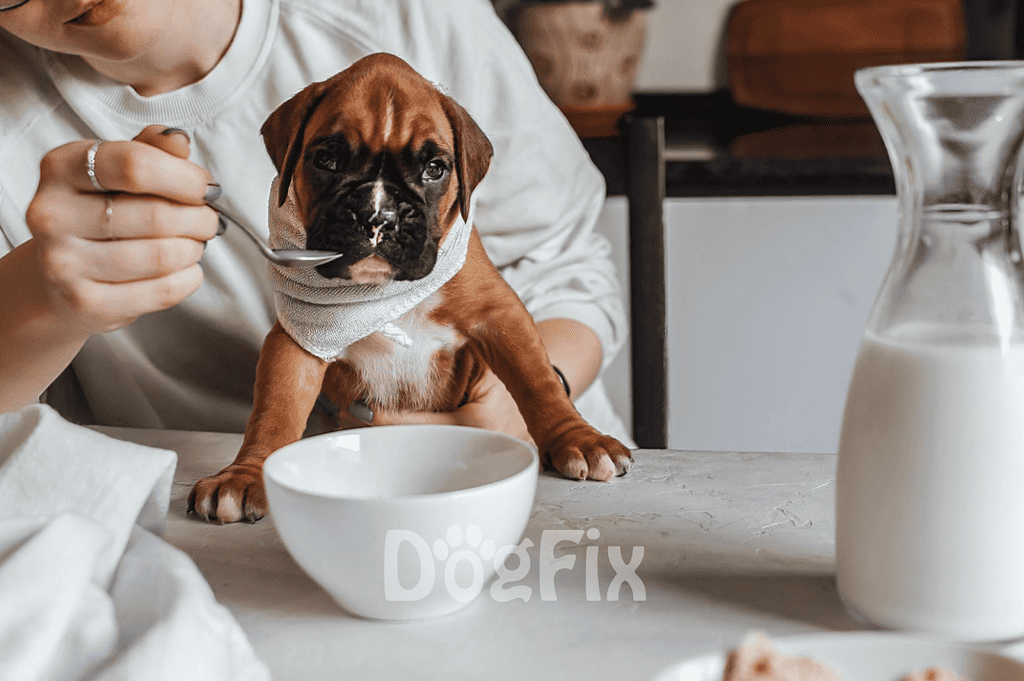 Adorable puppy drinking milk from bowl, caring dog owner providing nutritious pet food, healthy dog lifestyle.