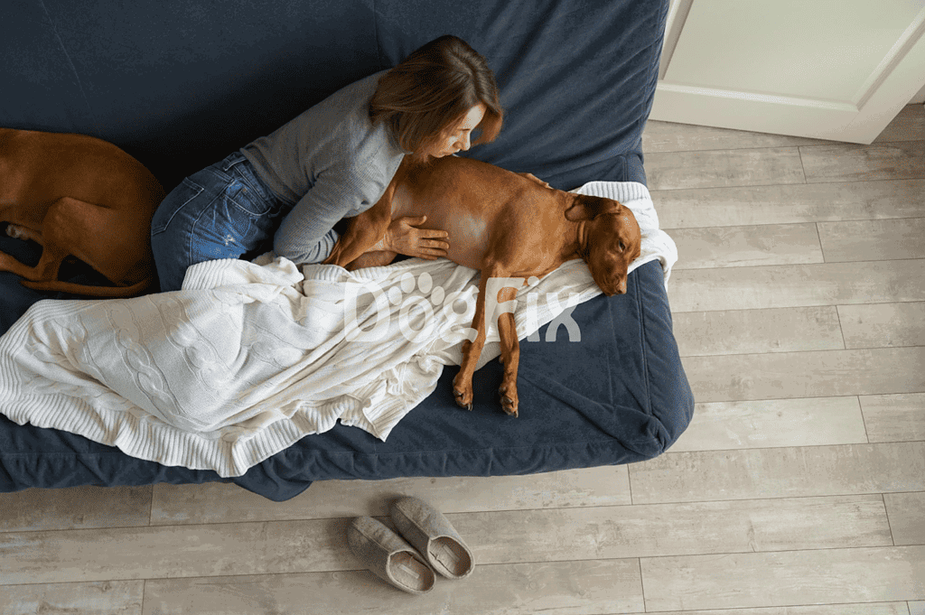 Dog lying on sofa with owner.