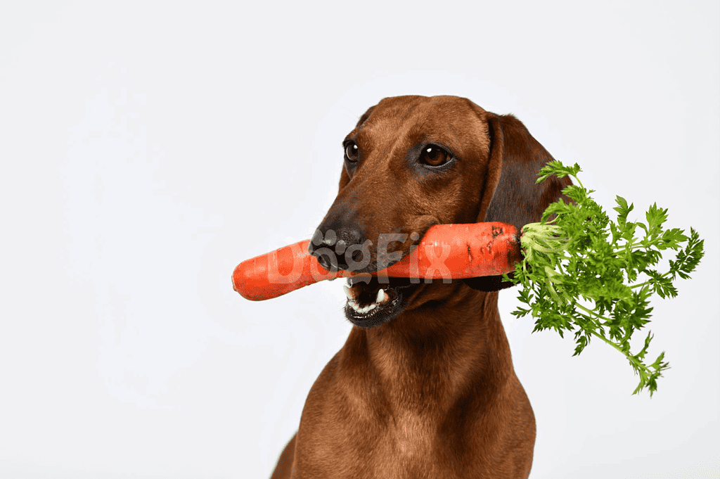 Dog with carrot in mouth, healthy pet nutrition, food delivery for dogs.