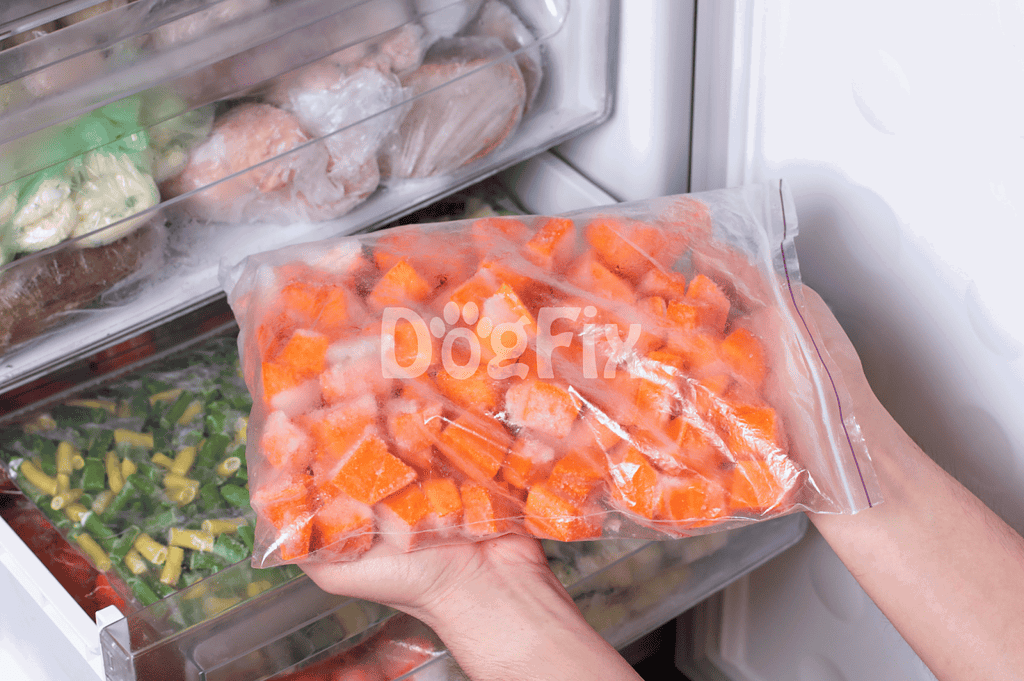High-quality frozen dog food with nutritious vegetables stored in a freezer.