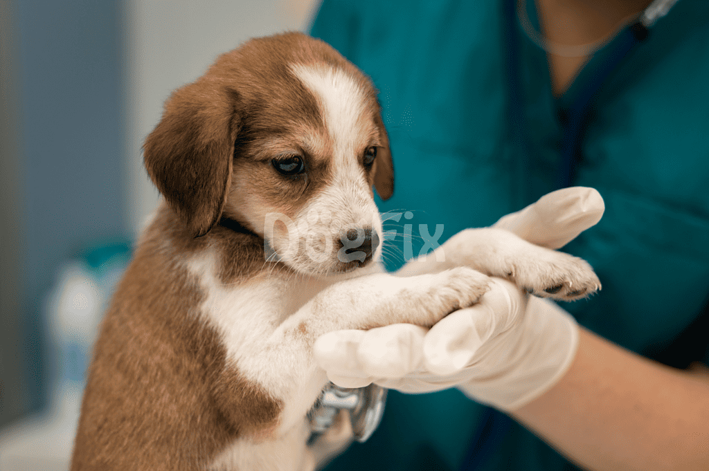 Close-up of a cute puppy receiving a health examination from a veterinarian, highlighting pet care and wellness services.