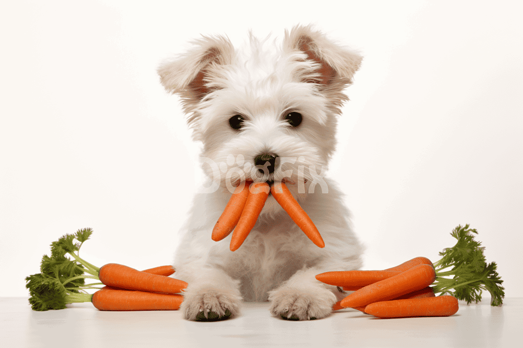 Dog puppy with carrots in mouth, surrounded by fresh vegetables, promoting healthy eating and pet wellness.