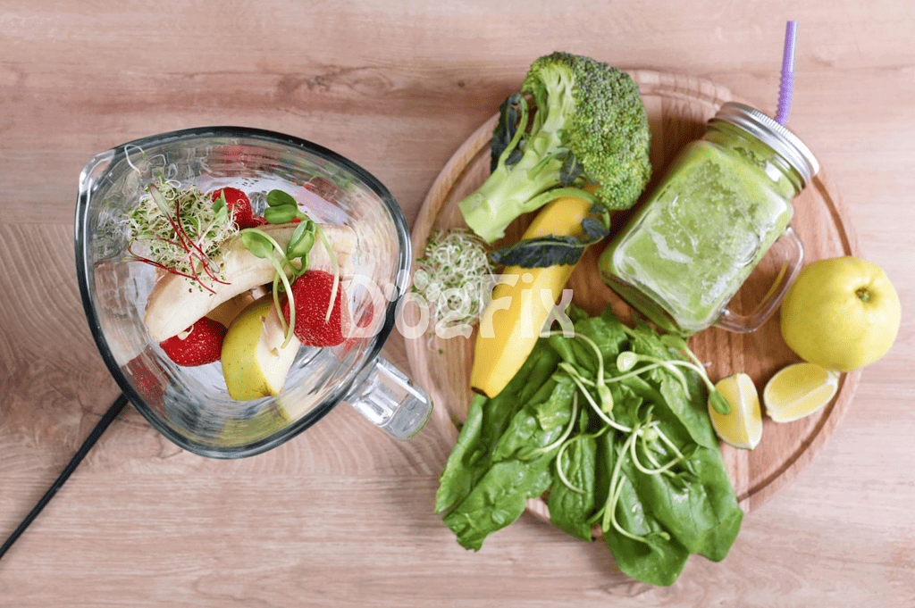 Vibrant green smoothie with fresh fruits and veggies for pets.