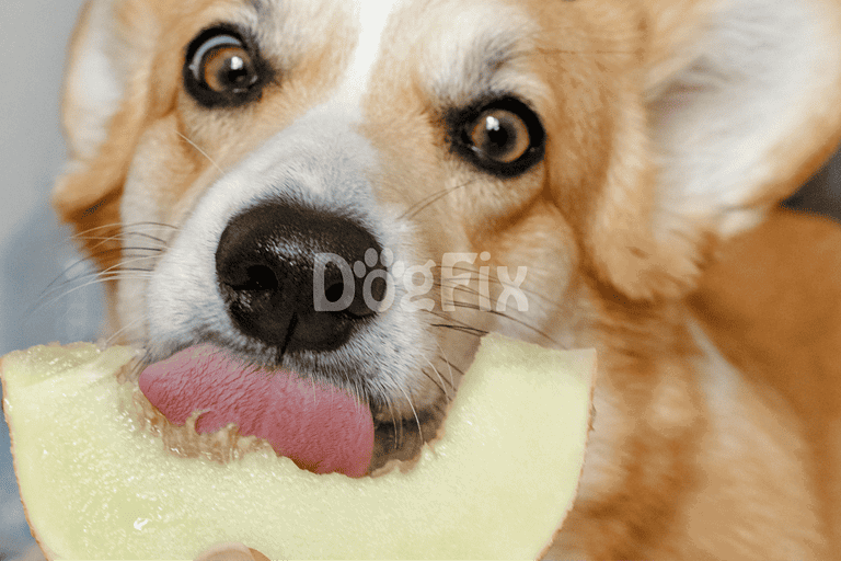 Dog with melon slice in mouth, adorable pet enjoying a healthy snack.