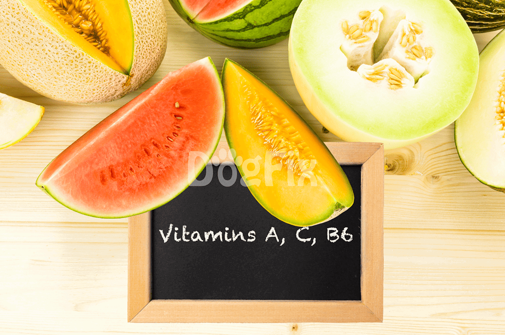 Juicy and ripe watermelon slices on a wooden table, highlighting vitamin-rich healthy foods for dogs.