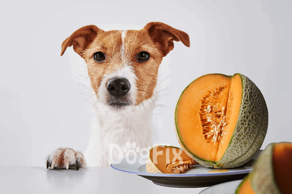 Close-up of a cute dog with a fresh cantaloupe melon on a white background, promoting healthy dog snacks.