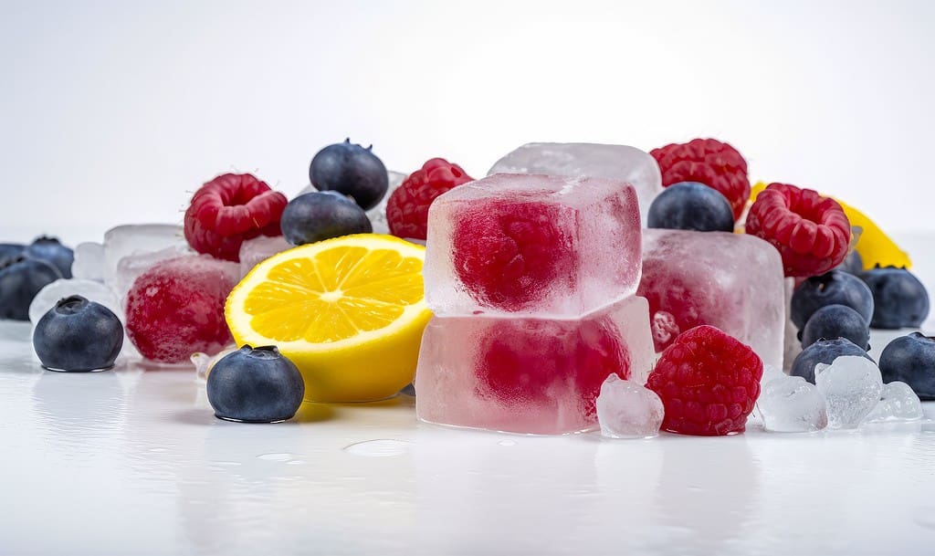 Fresh frozen berry and lemon treats, perfect for summer, featuring raspberries, blueberries, and citrus slices for a healthy snack.