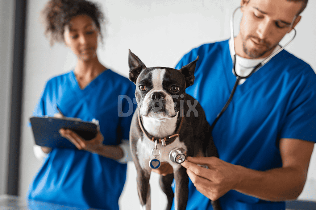 Vet examines and diagnoses a Boston Terrier with stethoscope in a modern clinic.