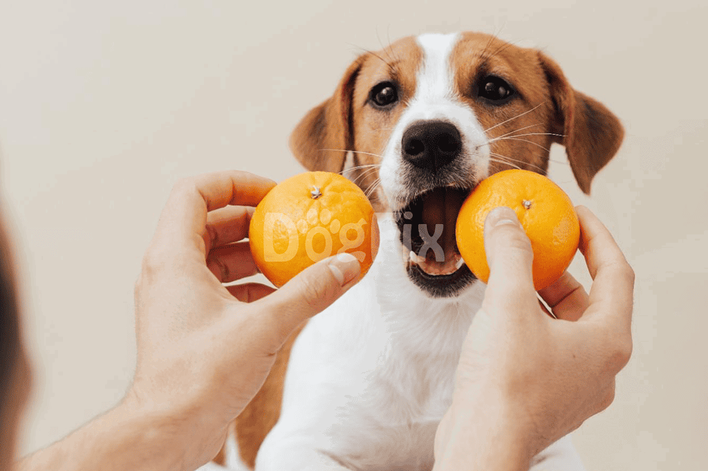 Dog holding oranges in mouth, playful dog photos for pet lovers, fun pet images.