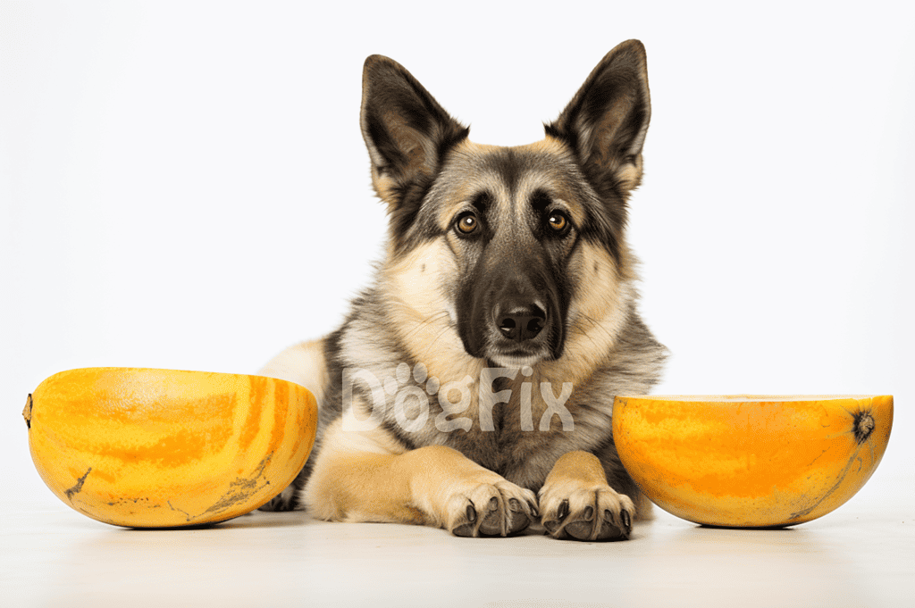 Dog with two melons in bowls, healthy dog eating fresh fruit, German Shepherd in a studio shot.