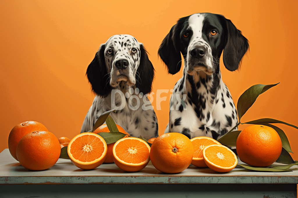 Adorable Dalmatian puppies with oranges on an orange background. Perfect for dog lovers and pet care enthusiasts.