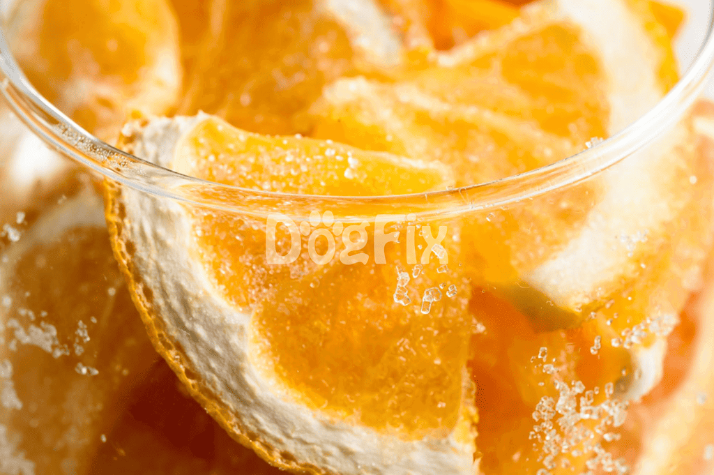 Close-up of fresh citrus slices, highlighting their texture and vibrant color, perfect for dog diet.