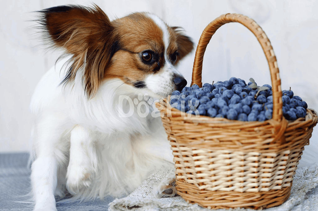Dog enjoying blueberries in a basket for healthy dog snacks.