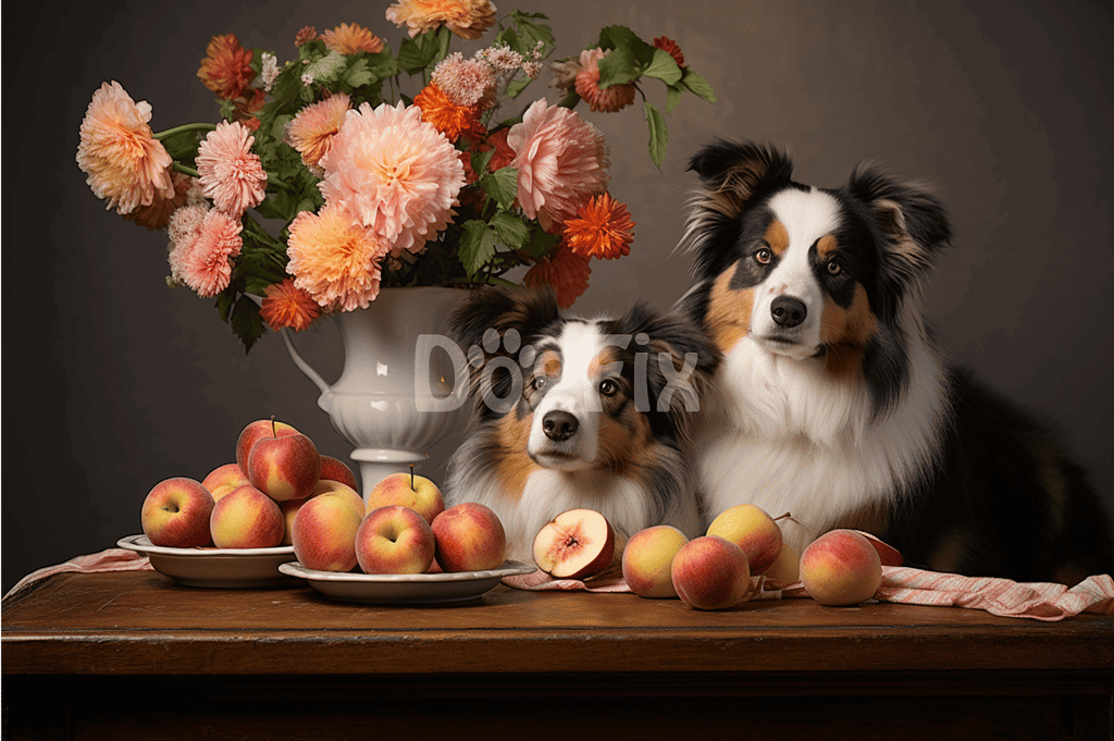 Adorable Australian Shepherd dogs surrounded by apples and pink flowers, creating a cozy, stylish home decor scene.