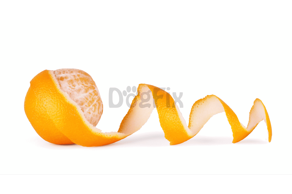 Close-up of a peeled and twisted orange peel on white background.