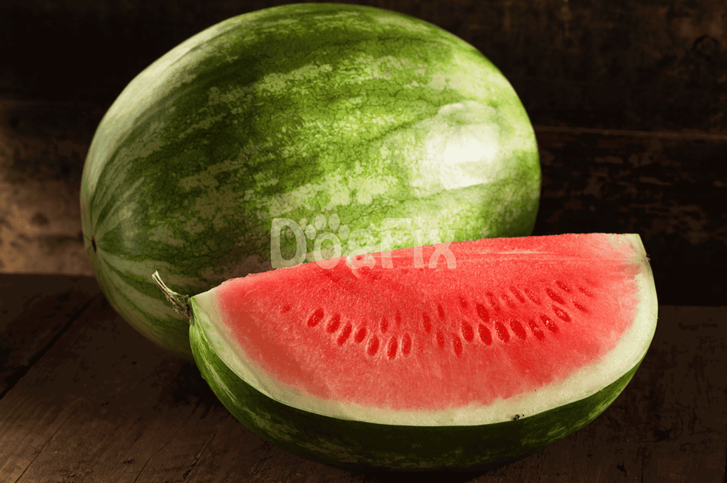 Close-up of a sliced juicy watermelon on rustic wooden surface.