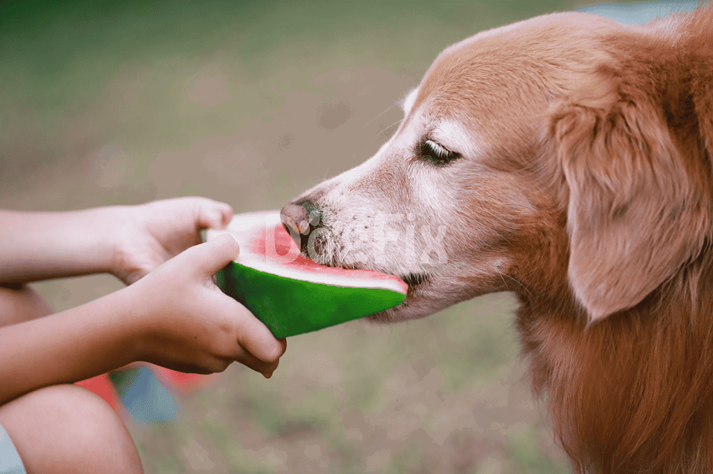 Adorable dog eating watermelon slice, enjoying a healthy summer treat outdoors, perfect hydration for dogs.